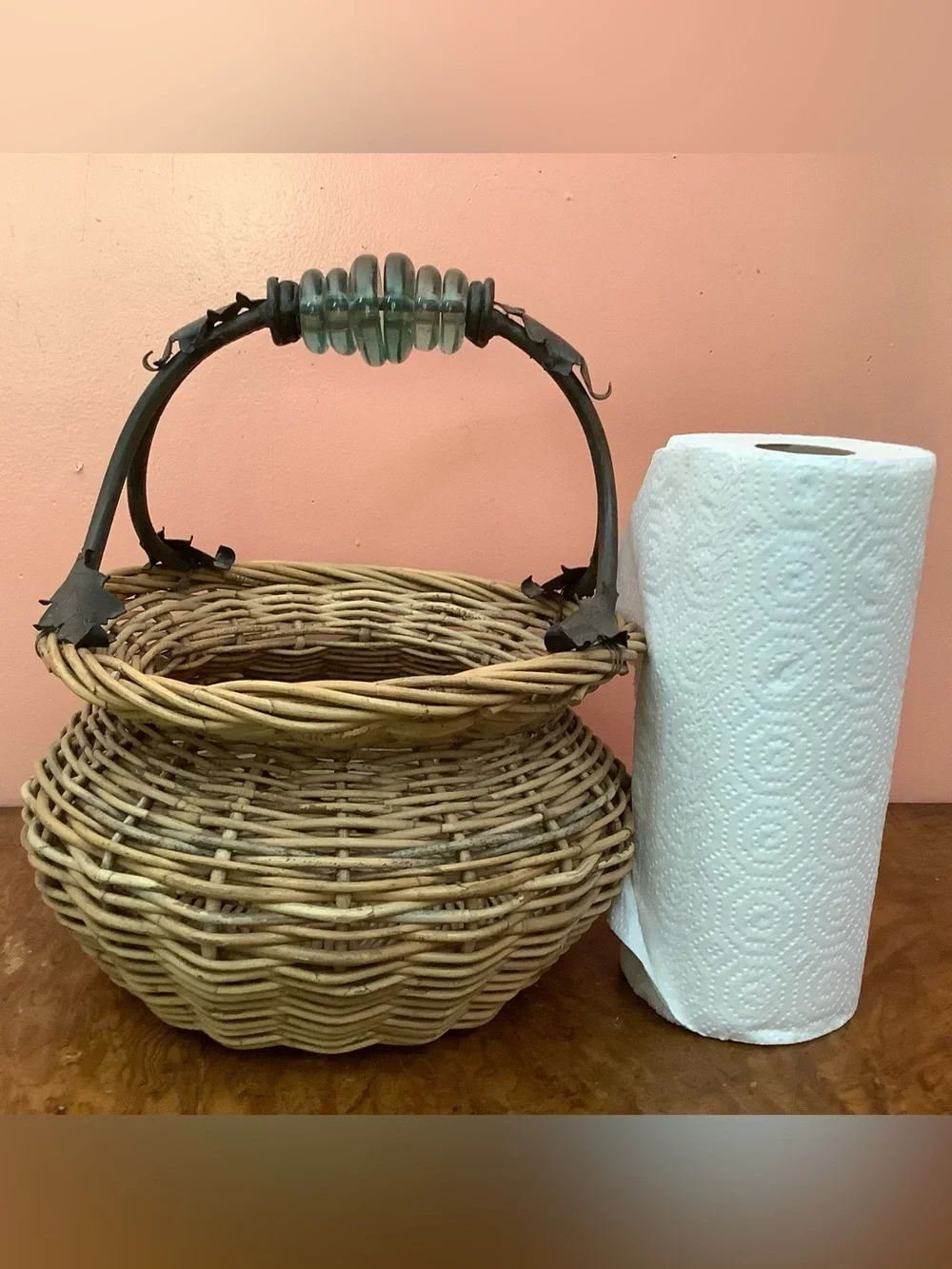 Vintage Handmade Wicker Basket, Wrought Iron Handle, Glass Rings & Oak Leaves